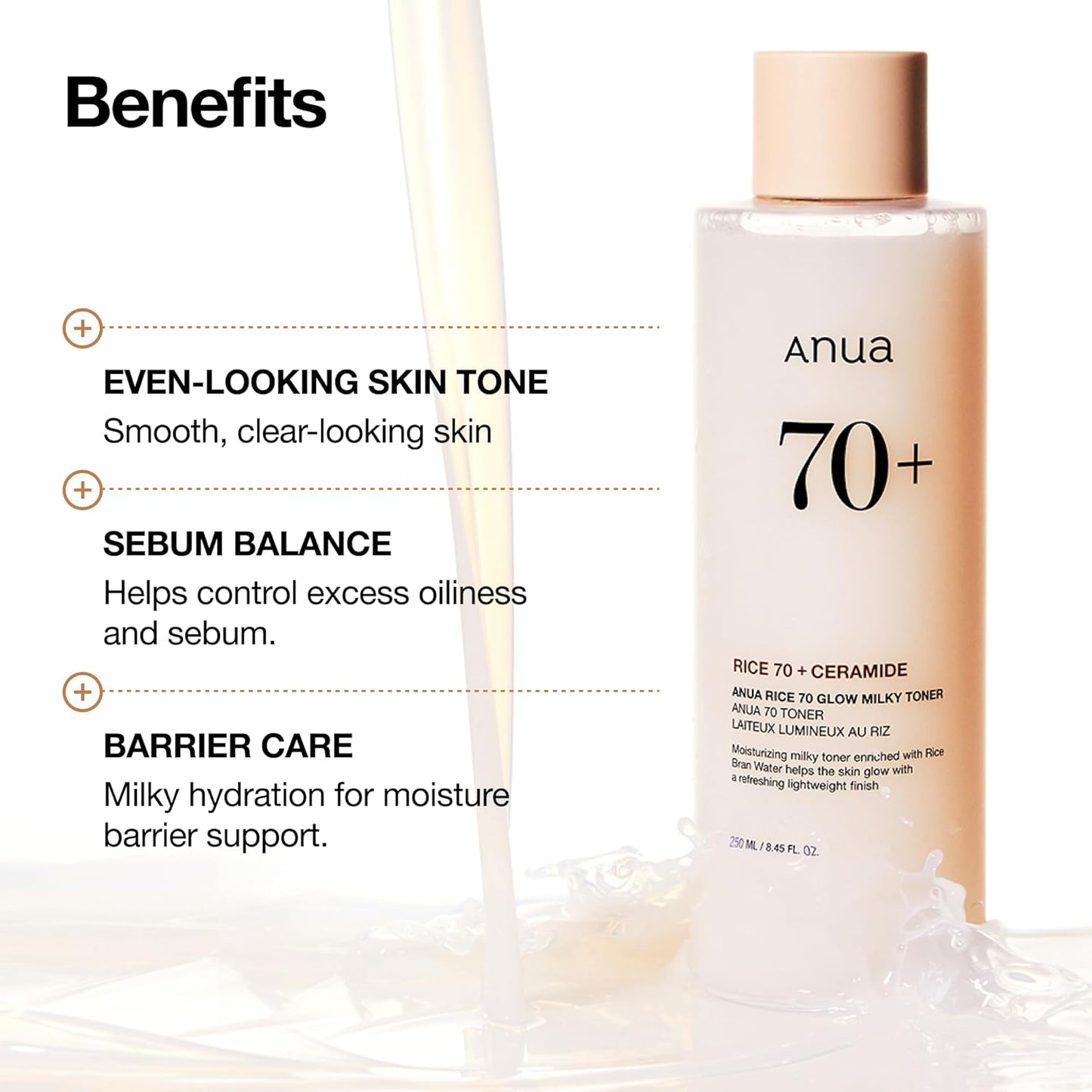 Anua Rice 70 Glow Milky Toner, Glass & Dewy Skin, Hydrating & Barrier Care, Rice Water, Niacinamide, Ceramides, All Skin Types