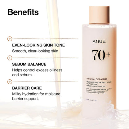 Anua Rice 70 Glow Milky Toner, Glass & Dewy Skin, Hydrating & Barrier Care, Rice Water, Niacinamide, Ceramides, All Skin Types