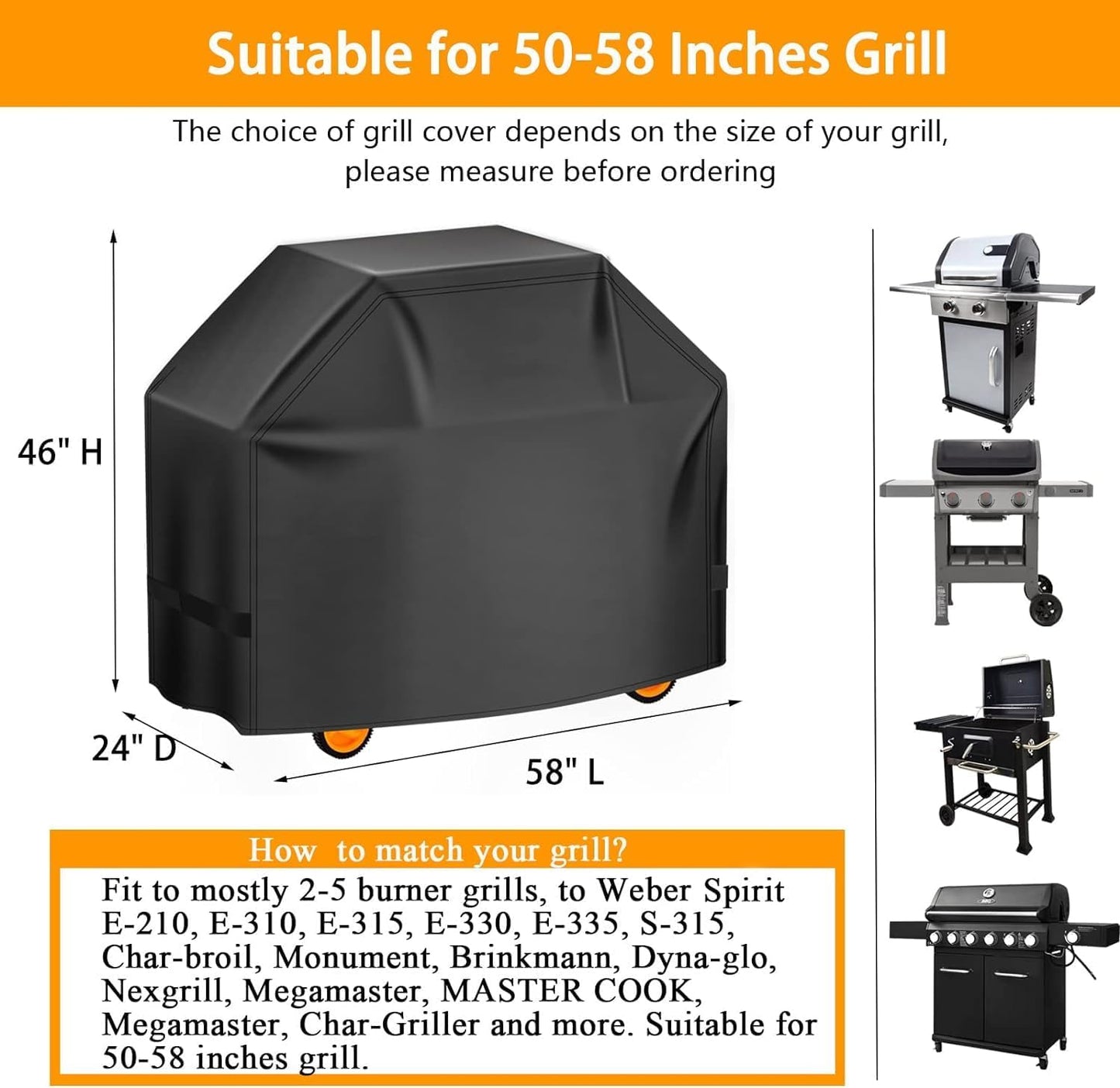 Aoretic Grill Cover, 58 inch BBQ Gas Grill Cover for Outdoor Grill, Charbroil Grill Cover Barbecue Waterproof, Anti-UV for Weber Char-Broil