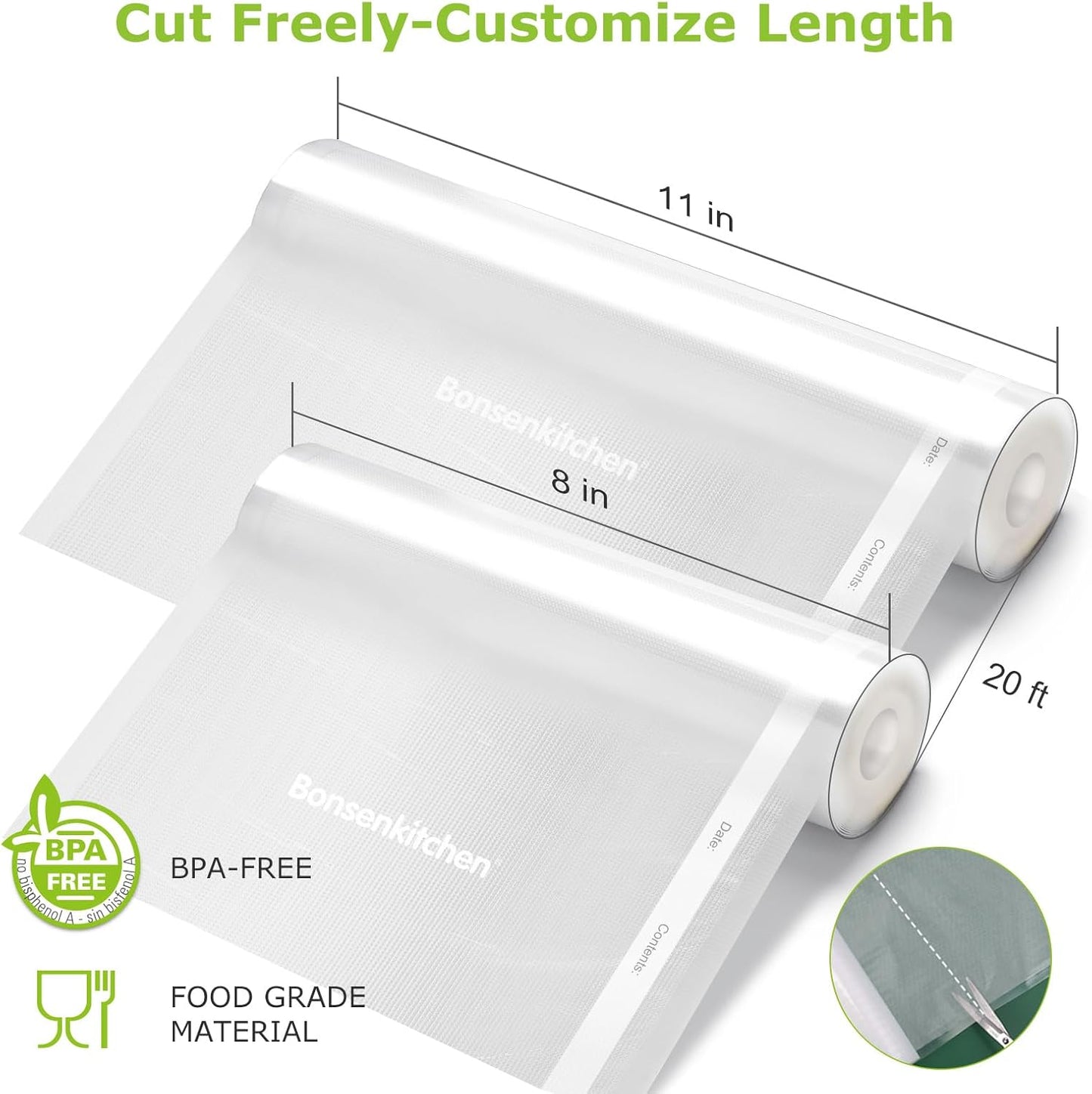 Bonsenkitchen Vacuum Sealer Rolls Bags, 6 Pack 3 Rolls 11" x 20' + 3 Rolls 8" x 20' Commercial Grade BPA Free Bag