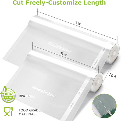 Bonsenkitchen Vacuum Sealer Rolls Bags, 6 Pack 3 Rolls 11" x 20' + 3 Rolls 8" x 20' Commercial Grade BPA Free Bag