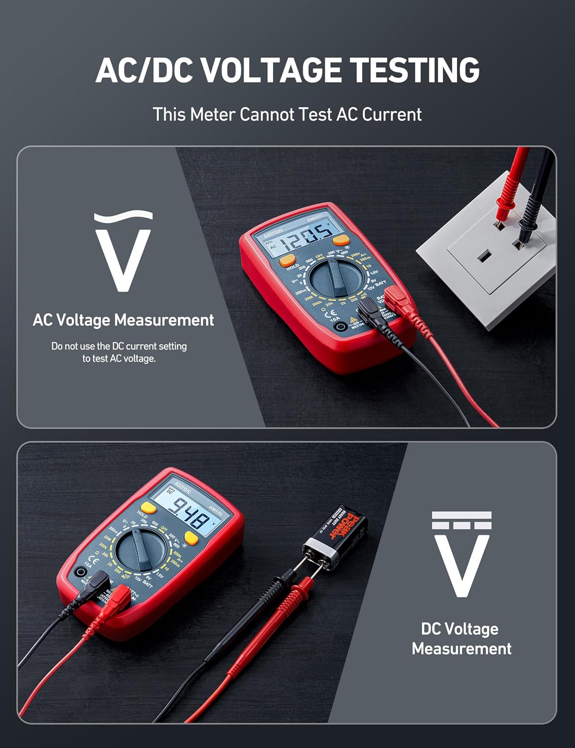 AstroAI Digital Multimeter Tester 2000 Counts with DC AC Voltmeter and Ohm Volt Amp Meter; Measures Voltage, Current