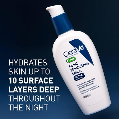 CeraVe PM Facial Moisturizing Lotion, Night Cream with Hyaluronic Acid and Niacinamide, Ultra-Lightweight, Oil-Free Moisturizer for Face, 3 Ounce