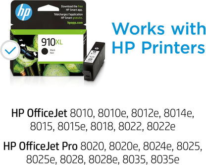 HP 910XL Black High-Yield Ink Cartridge, Works with OfficeJet 8010, 8020 Series, OfficeJet Pro 8020, 8030 Series, Eligible for Instant Ink
