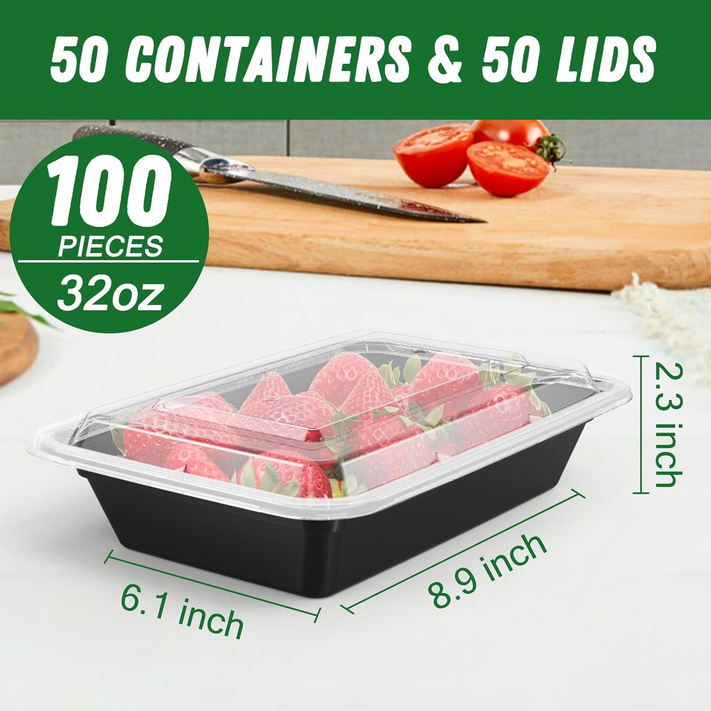 50 Pack (100-Piece) 32 oz Meal Prep Containers Reusable with Easy Open Lids, Sturdy Leakproof Food Safe, Microwave Freezer Dishwasher