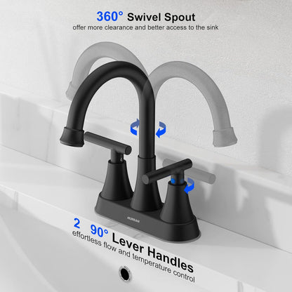 Bathroom Faucets for Sink 3 Hole, Hurran 4 inch Matte Black with Pop-up Drain and 2 Supply