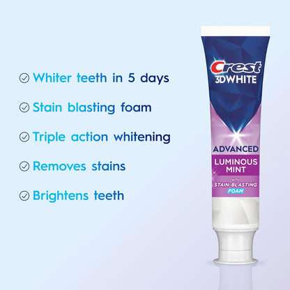 Crest 3D White Advanced Luminous Mint Teeth Whitening Toothpaste, Crest Toothpaste, 3.7 oz Pack of 4 - Helps Remove Surface Stains, Whitens