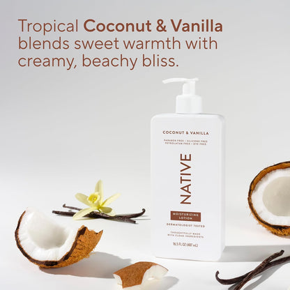Native Body Lotion, Coconut & Vanilla, 48-Hour Hydration for Dry & Sensitive Skin, Made with Plant-Based Moisturizers like Shea
