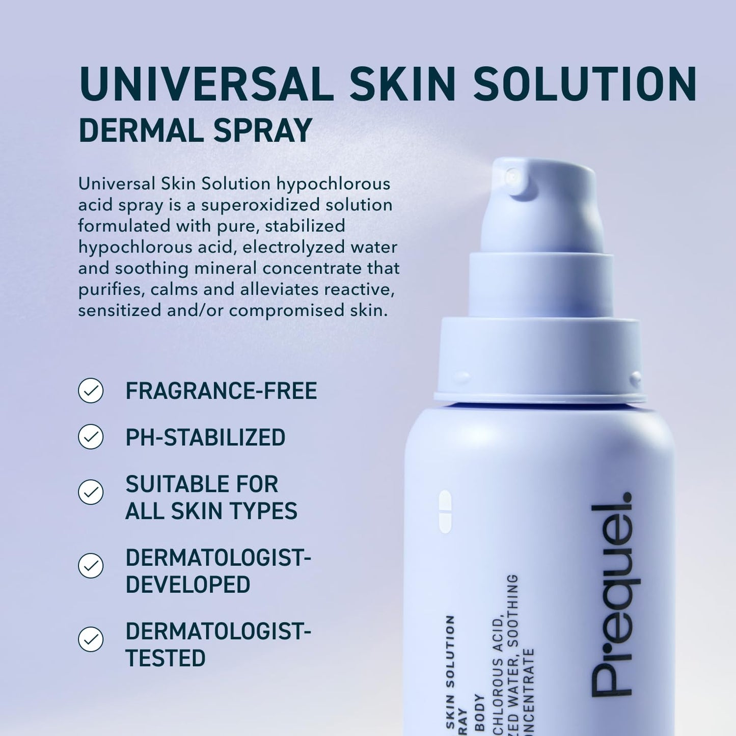 Prequel Skin Universal Skin Solution Hypochlorous Acid Spray for Face and Body. Fine Mist HOCL Facial Cleanser and Dermal Spray with Minerals &