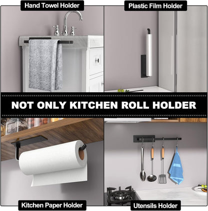 Paper Towel Holder - Self-Adhesive or Drilling, Matte Black, Upgraded Aluminum Kitchen Roll Dispenser Under