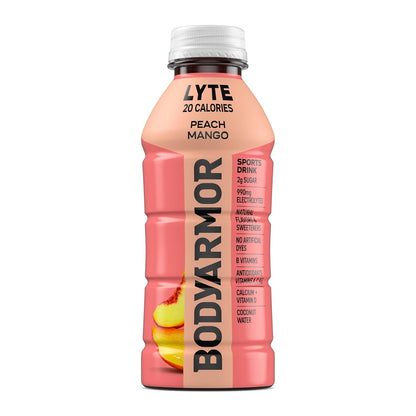 BODYARMOR LYTE, Peach Mango, Electrolyte Drink, 20 Calories, 16 Fl Oz Bottles (12 Pack), Coconut Water Sports Drink, Natural Flavor & B Vitamins