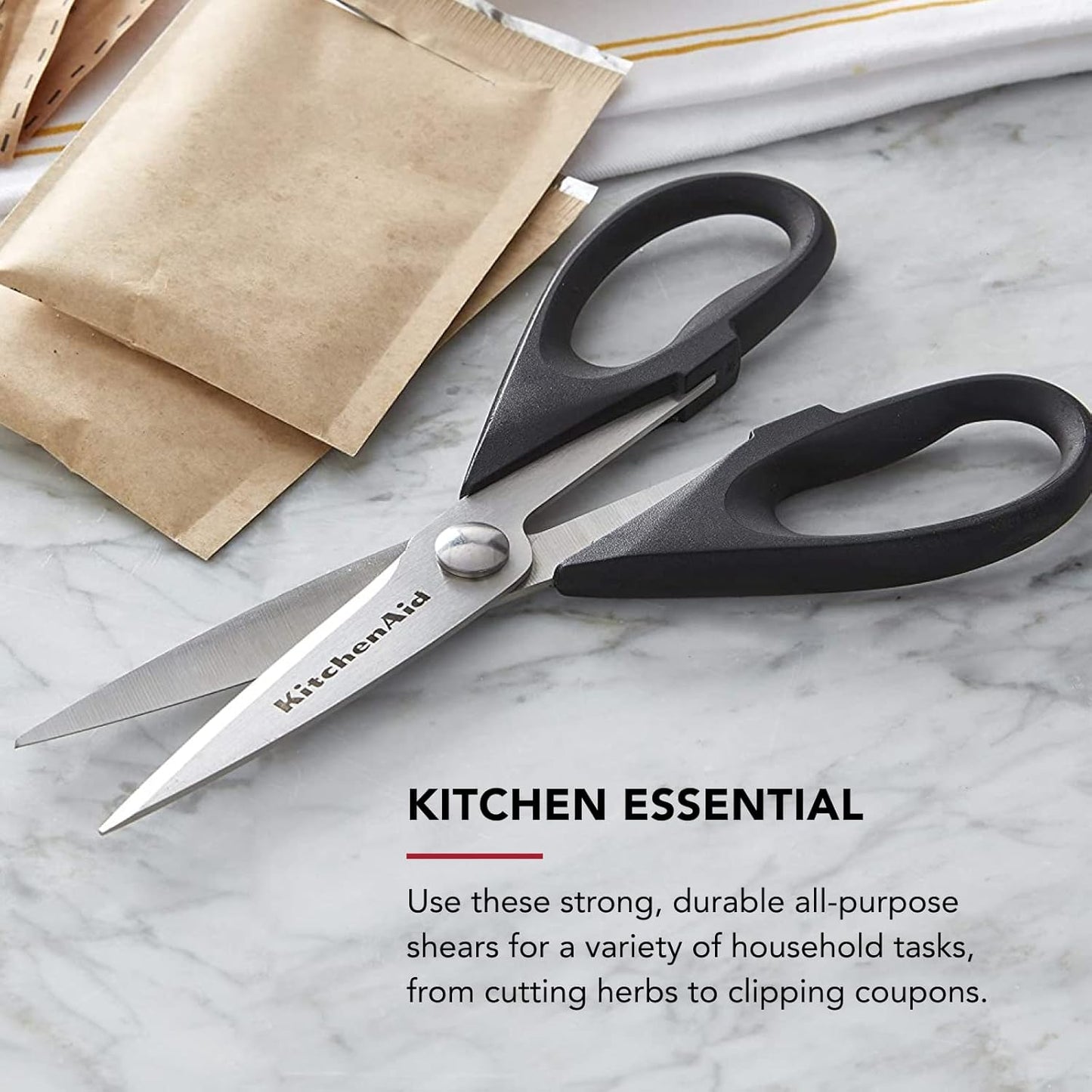 KitchenAid All Purpose Kitchen Shears with Protective Sheath Durable Stainless Steel Scissors, Dishwasher Safe, Soft Grip Comfort Handle, 8.72
