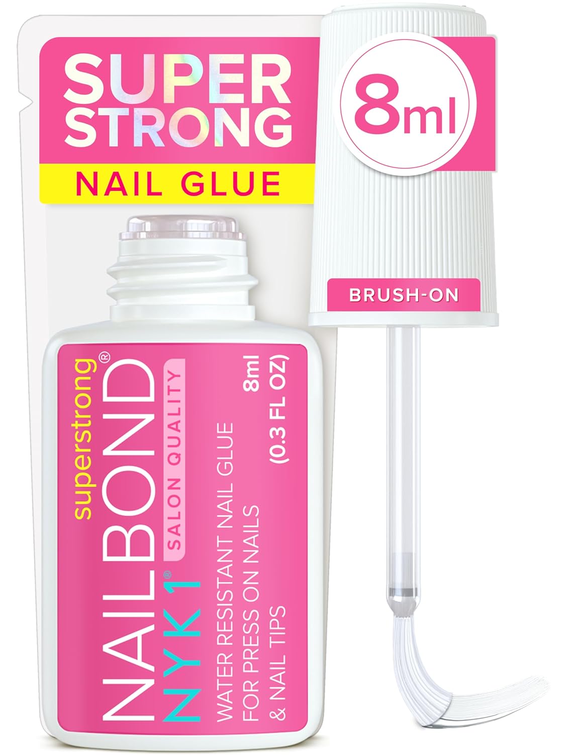 Super Strong Nail Glue for Press On Nails, Nail Tips & Acrylic Nails (8ml) NYK1 NailBond Brush On Glue for Press Ons, Tips & Acrylics - Long