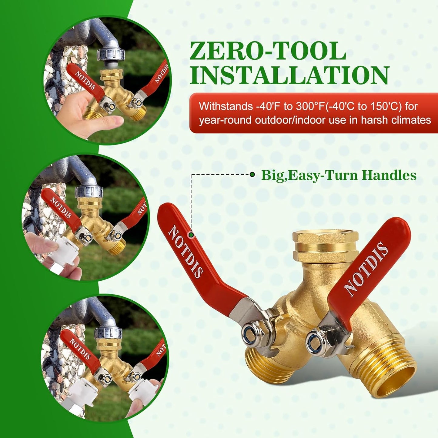 Hose Splitter 2 Way Heavy Duty Brass Garden Hose Splitter with 304 Stainless Steel Long Handle Outdoor Full Flow Hose Splitter