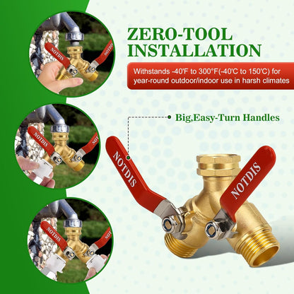 Hose Splitter 2 Way Heavy Duty Brass Garden Hose Splitter with 304 Stainless Steel Long Handle Outdoor Full Flow Hose Splitter