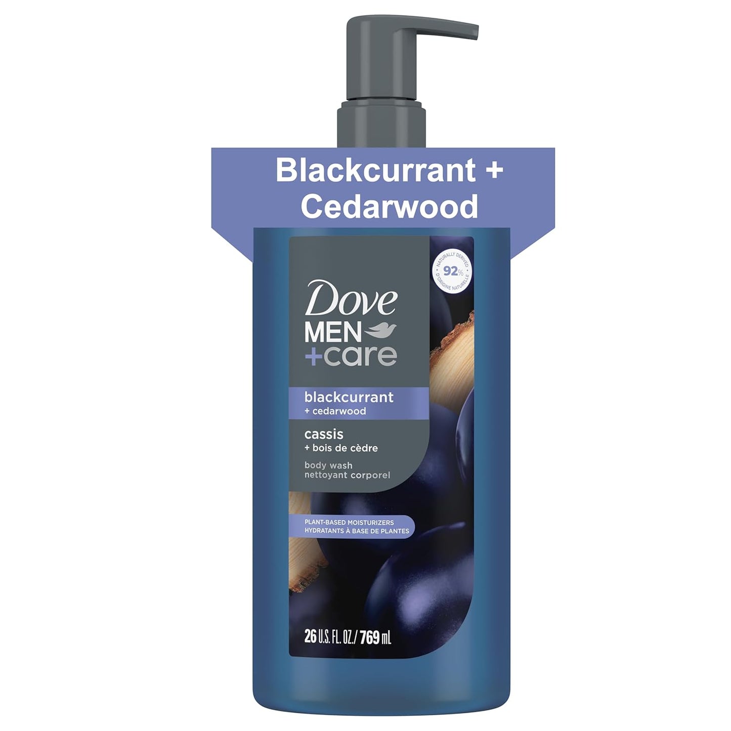 DOVE MEN Moisturizing Body Wash, Dermatologist Body Wash for Men, Sulfate Free, Paraben Free, & Dye Free, Blackcurrant + Cedarwood, 26oz