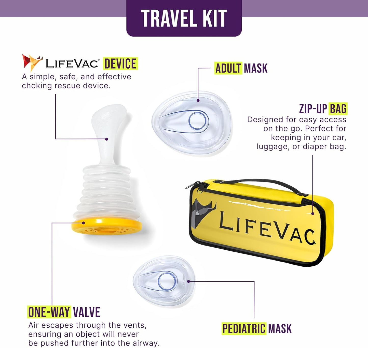 LifeVac Yellow Travel Kit 2 Pack - Portable Suction Rescue Device, First Aid Kit for Kids and