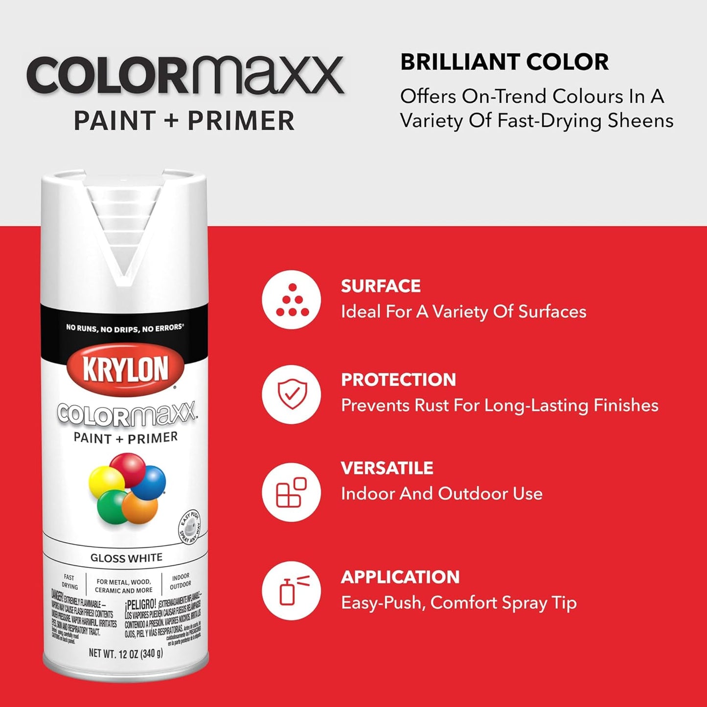 Krylon K05545007 COLORmaxx Spray Paint and Primer for Indoor/Outdoor Use, Gloss White 12 Oz