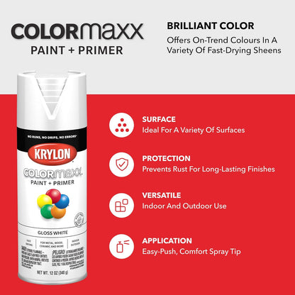 Krylon K05545007 COLORmaxx Spray Paint and Primer for Indoor/Outdoor Use, Gloss White 12 Oz