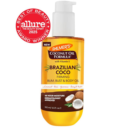 Palmer's Coconut Oil Formula Brazilian Coco Firming Body Oil with Vitamin E, 6.5 Fl Oz, Helps with Skin Tightening & Firming of Bum, Bust &