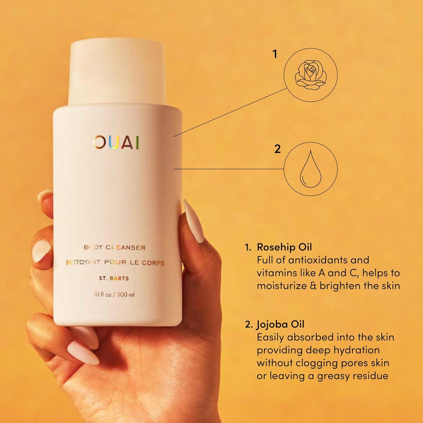 OUAI Body Cleanser, St. Barts - Foaming Body Wash with Jojoba Oil and Rosehip Oil to Hydrate, Nurture, Balance and Soften Skin -