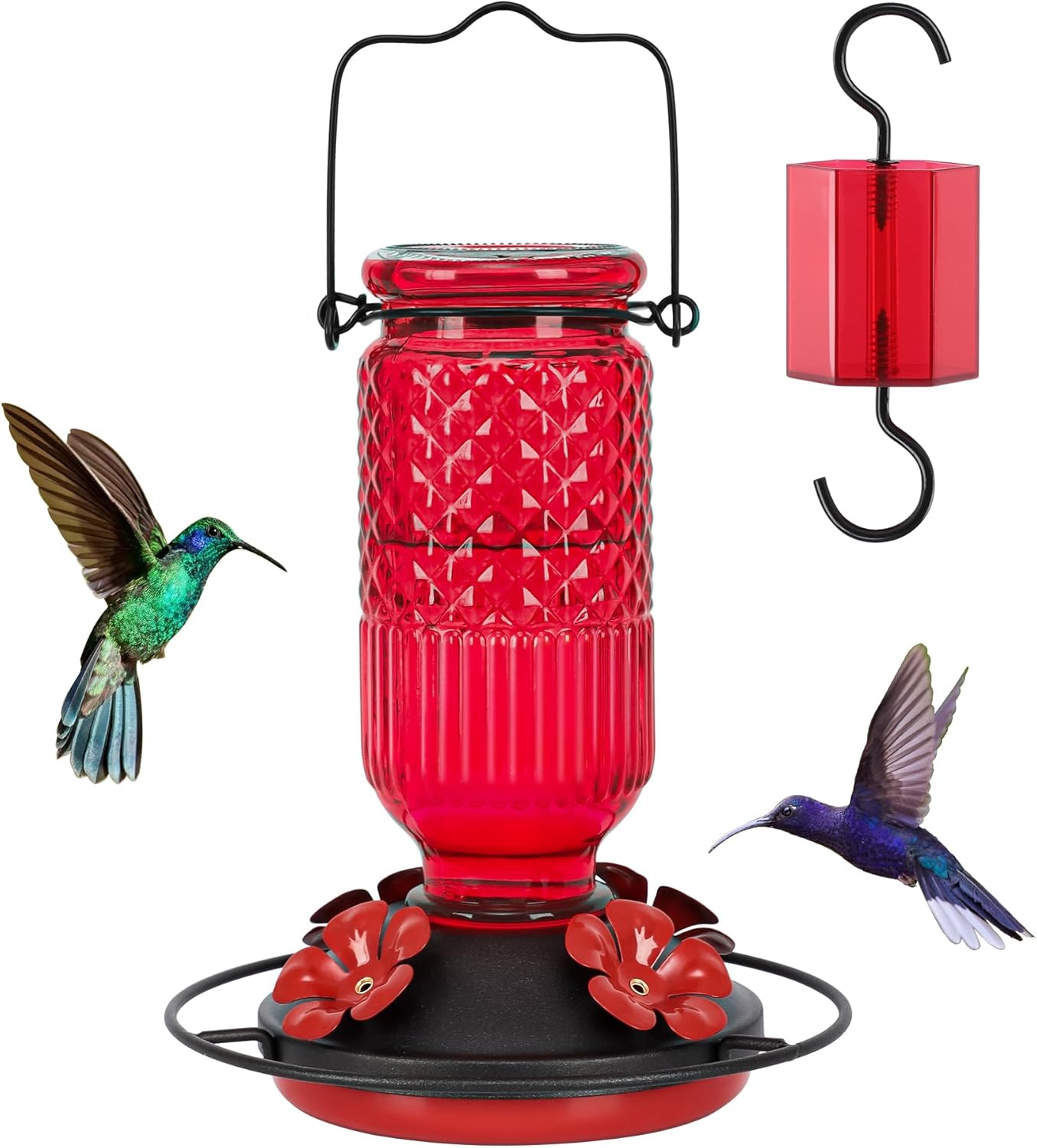 FEED GARDEN Glass Hummingbird Feeder, 16oz Outdoor Hanging Bird Feeder with Ant Moat, 4 Bee-Proof Feeding Ports, 360 Perch, Leak-Proof, Red