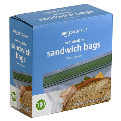 Basics Resealable Double Zipper Sandwich Storage Bags for Food Storage, 300 Count