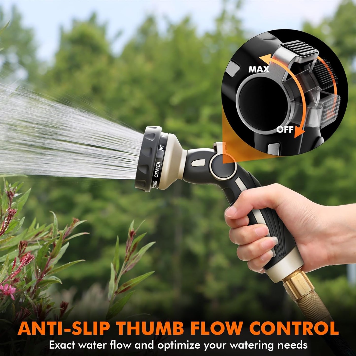 RESTMO Hose Nozzle Heavy Duty, Metal Water Hose Sprayer for Garden, 9 Spray Patterns, High Pressure, Thumb Flow Control, On/Off