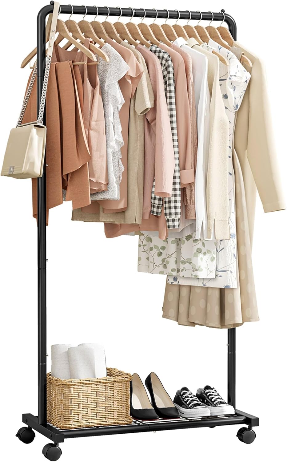 Sakugi Clothes Rack - Clothing Rack with Storage Mesh Shelf & Casters, Heavy-Duty Metal Clothing Rack for Hanging Clothes, Dresses