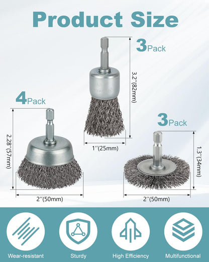 10 Pcs Wire Brush for Drill, Coarse Carbon Steel Crimping Wire Wheel Brush, 1/4 Inch Hex Shank, Cup Brush Drill Bit for Cleaning