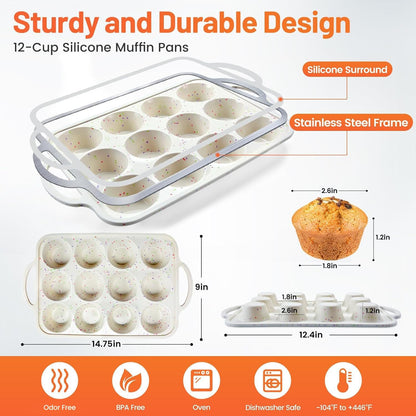 Vinino 2Pack Silicone Muffin Pan for Baking with Metal Reinforced Frame, 12 Cup Regular Size Cupcake Pan, BPA Free Silicone Muffin