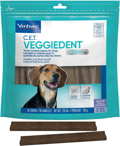 Virbac C.E.T. VEGGIEDENT FR3SH Tartar Control Chews for Dogs with digestive health support, VOHC Approved, Medium 22-66lbs