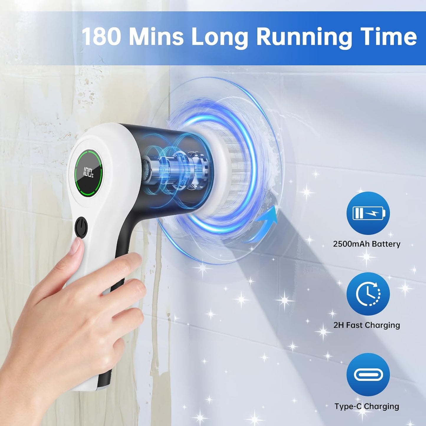 PUFTEM Electric Spin Scrubber, Cordless Shower Scrubber with Battery Level Display, 2 Speeds Electric Scrubber for Cleaning with 6 Replaceable