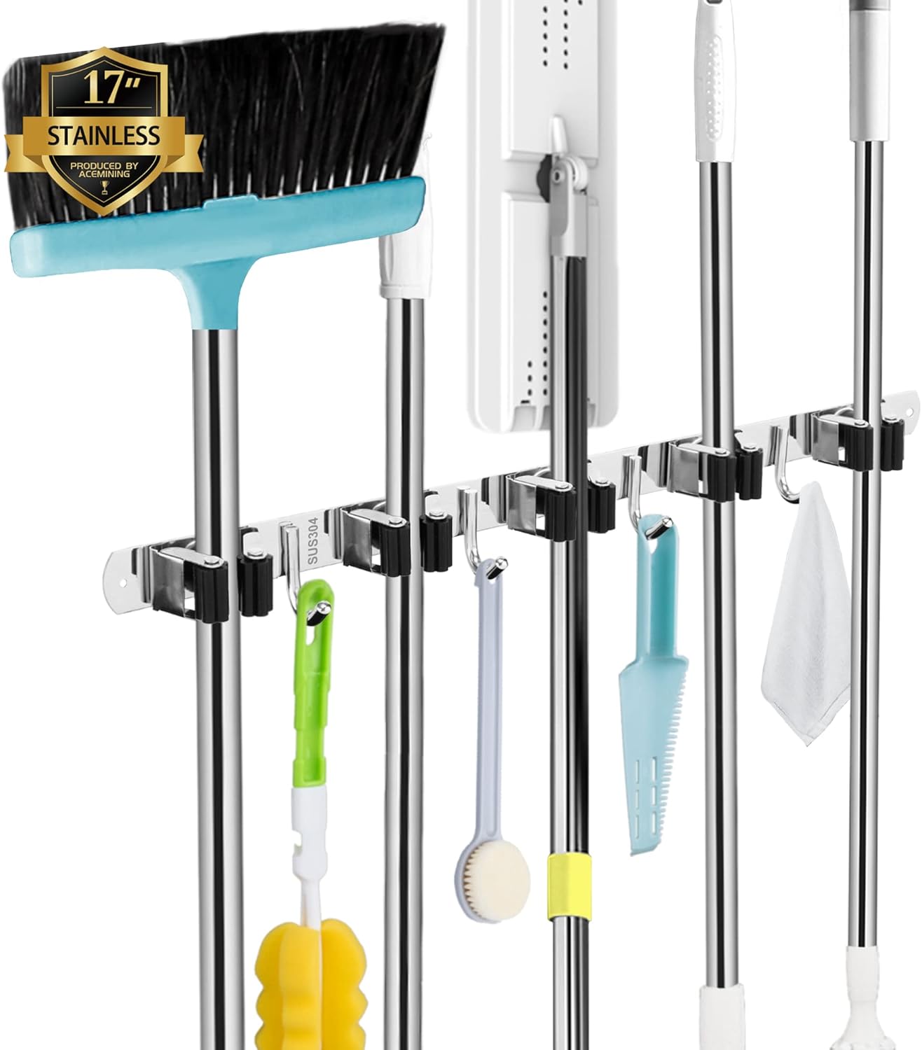 AceMining 5 Racks and 4 Hooks Mop and Broom Holder Wall