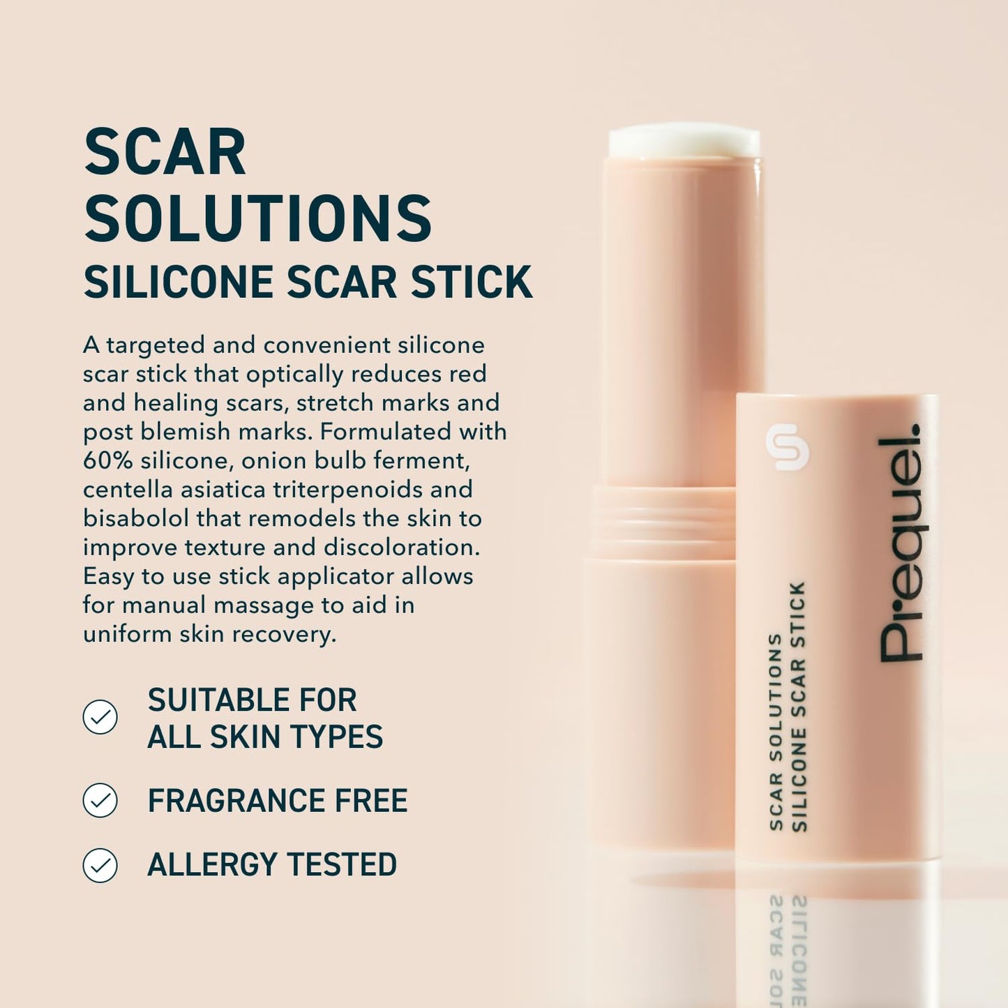 Prequel Skin Scar Solutions 60% Silicone Scar Stick. Thick Solid Velvety Film for Scars. Formula Infused with Centella Asiatica Extracts and Vitamin