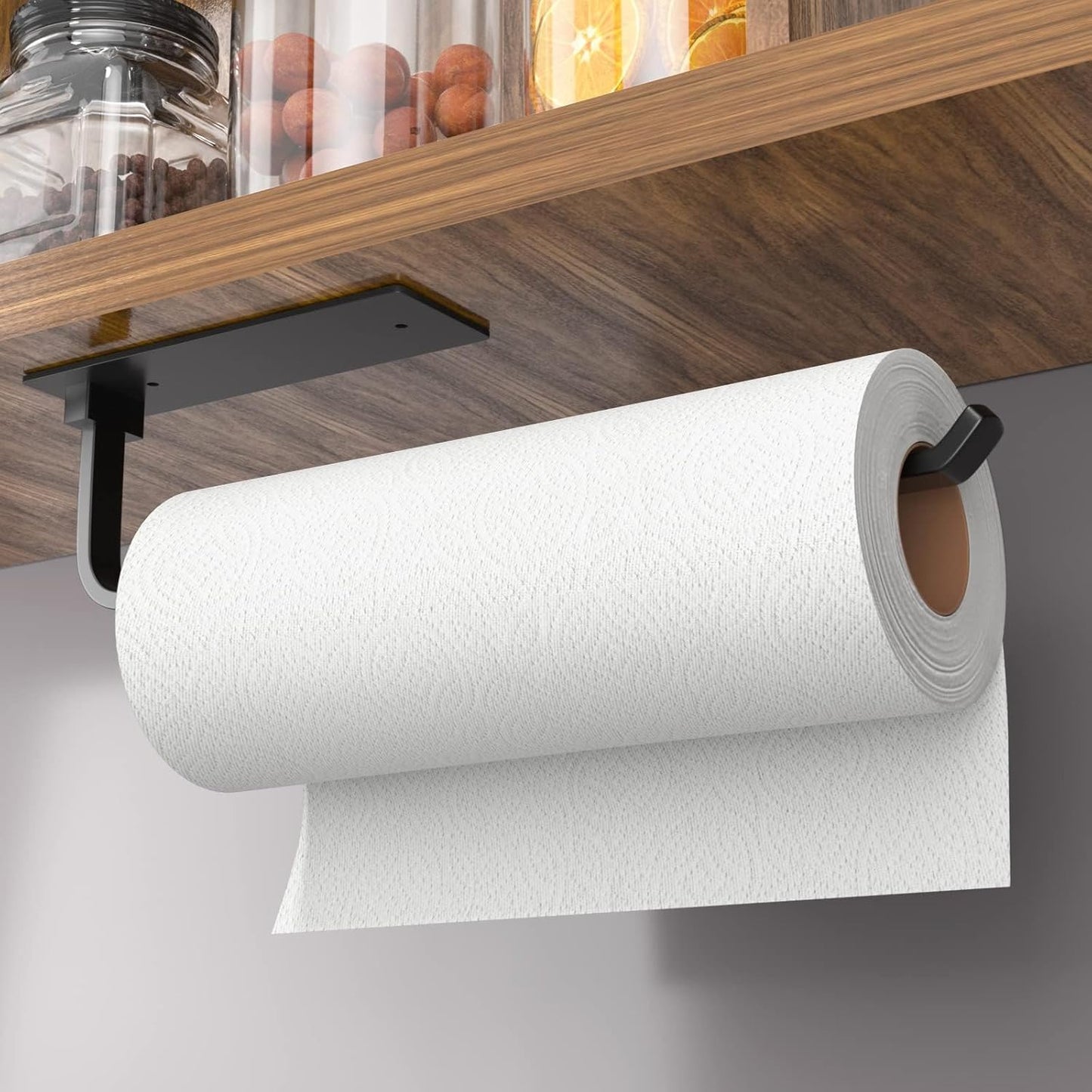 Paper Towel Holder - Self-Adhesive or Drilling, Matte Black, Upgraded Aluminum Kitchen Roll Dispenser Under