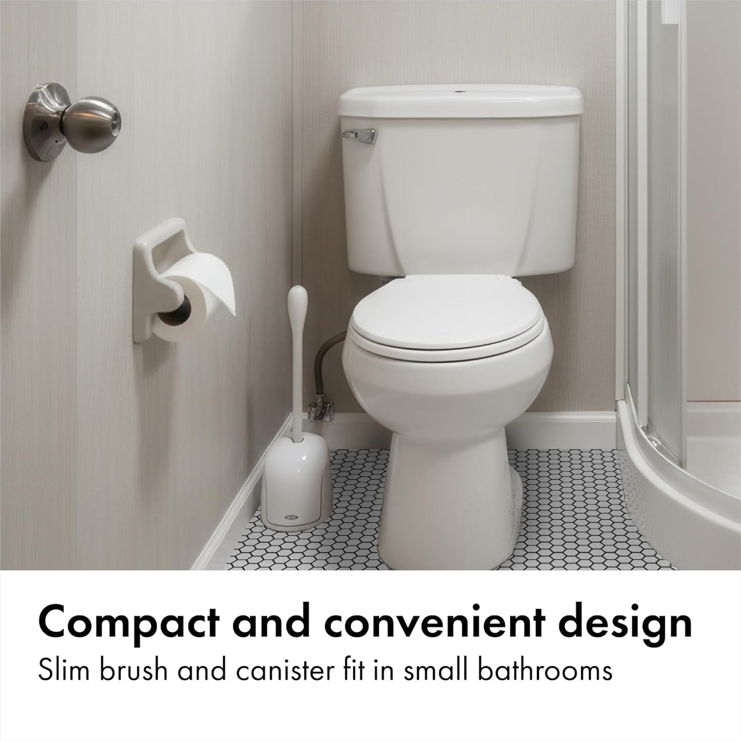 OXO Good Grips Compact Toilet Brush & Canister, Toilet Bowl Brush and Holder with Automatic Canister