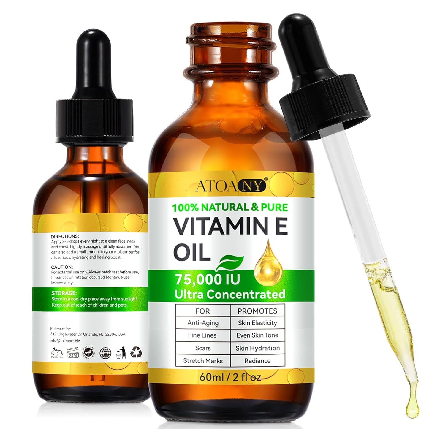 flasture Vitamin E Oil 75,000 IU 100% Pure Natural Vitamin E for Skin, Face, Hair, Scars Deep Moisturizing Body Oil for Dry
