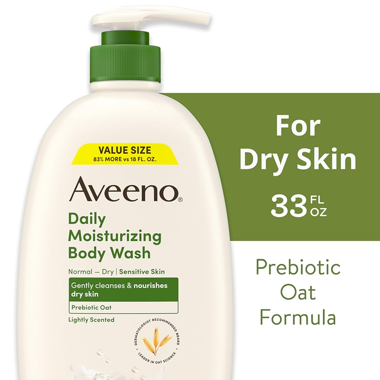 Aveeno Daily Moisturizing Body Wash for Dry & Sensitive Skin + Prebiotic Oat, Body Wash Gently Cleanses & Nourishes Dry Skin, Lightly