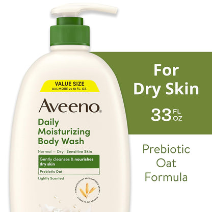 Aveeno Daily Moisturizing Body Wash for Dry & Sensitive Skin + Prebiotic Oat, Body Wash Gently Cleanses & Nourishes Dry Skin, Lightly