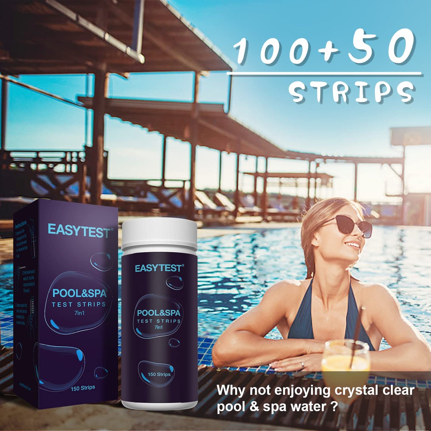 EASYTEST 7-Way Pool Test Strips, 150 Strips Water Chemical Testing for Hot tub and Spa, Accurate Test Bromine, Total Alkalinity, pH, Free
