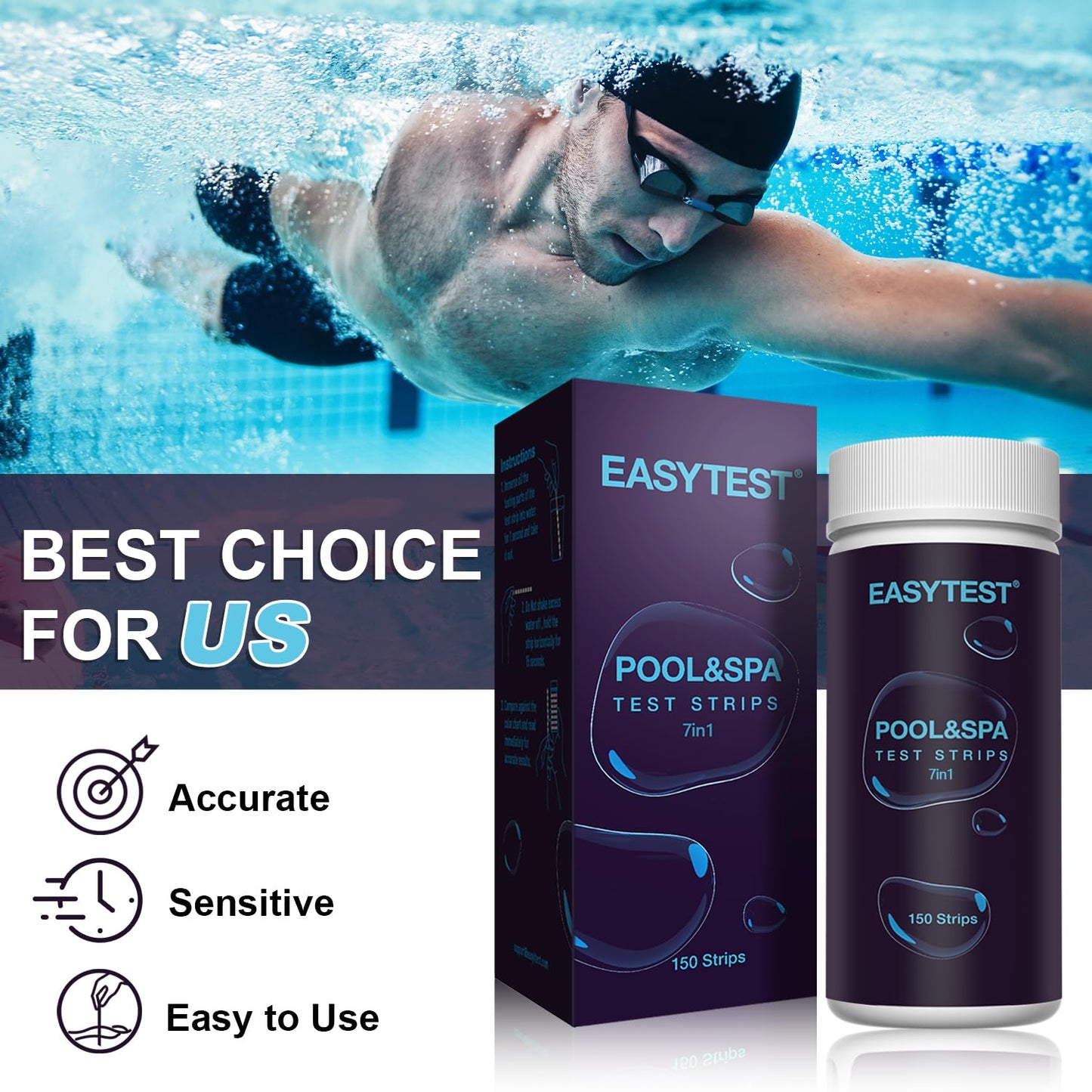 EASYTEST 7-Way Pool Test Strips, 150 Strips Water Chemical Testing for Hot tub and Spa, Accurate Test Bromine, Total Alkalinity, pH, Free