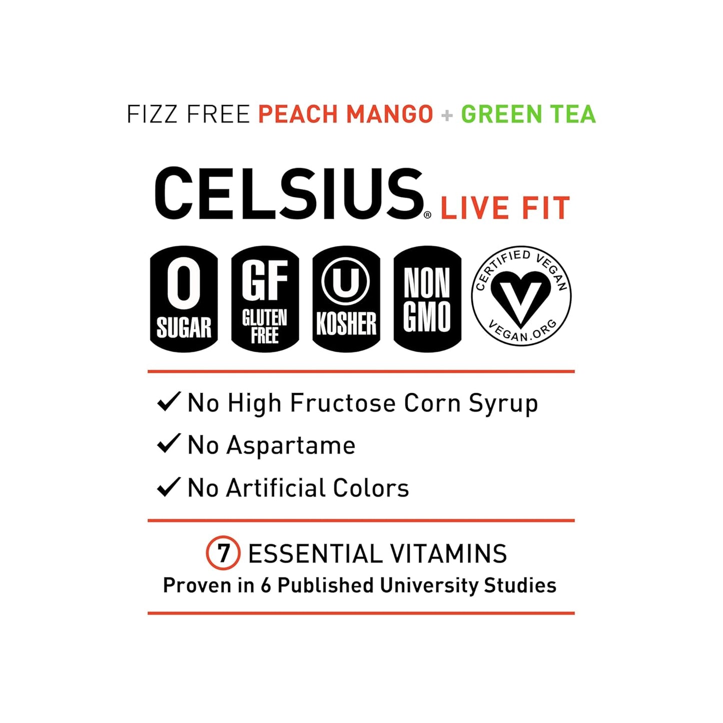 CELSIUS Fizz Free Peach Mango Green Tea, Sugar Free Energy Drink, 12 Fl Oz (2)