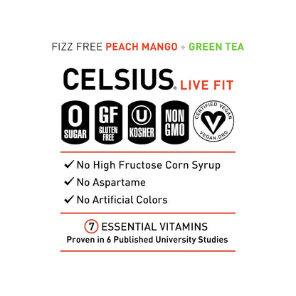 CELSIUS Fizz Free Peach Mango Green Tea, Sugar Free Energy Drink, 12 Fl Oz (2)