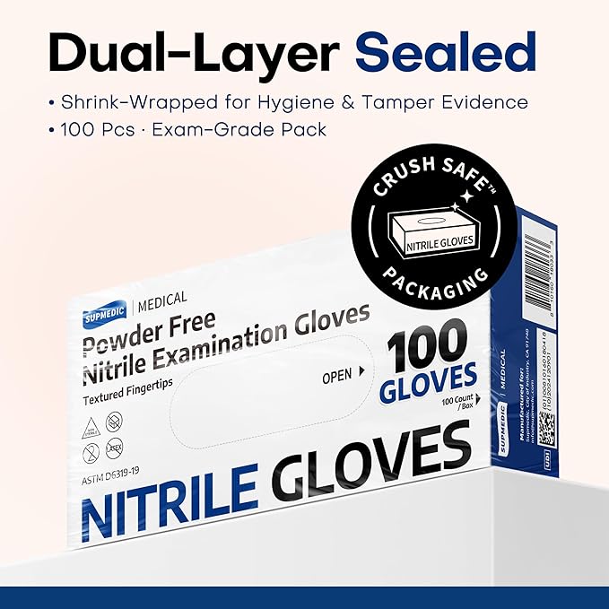 Supmedic Medical Soft Max Black Nitrile Disposable Gloves, 100 Pcs, Latex-Free & Powder-Free Food Safe Food Prep Exam Gloves