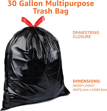 Amazon Basics Multipurpose Drawstring Trash Bags, 30 Gallon Capacity, Tear Resistant, 50 Count