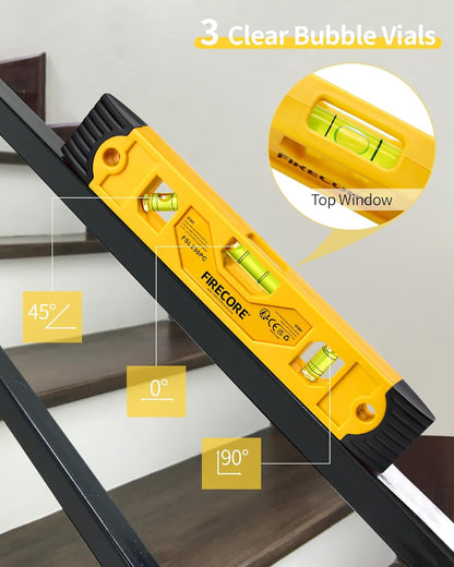 Torpedo Level Magnetic, Firecore 9 Inch Shockproof Small Leveler Tool with 3 Bubble Spirit Level 45 90 180