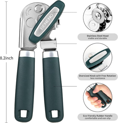 Beneno Heavy Duty Hand Can Opener Manual with Magnet, Durable Sharp Carbon Steel Blade Smooth Cutting, Big Effort-Saving Knob & Soft Grip
