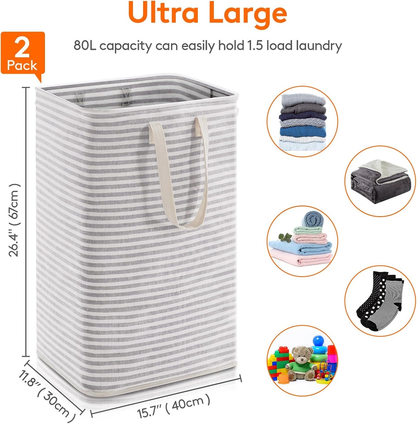 Lifewit 2 Pack Laundry Basket 80L Each, Collapsible Clothes Hamper with Reinforced