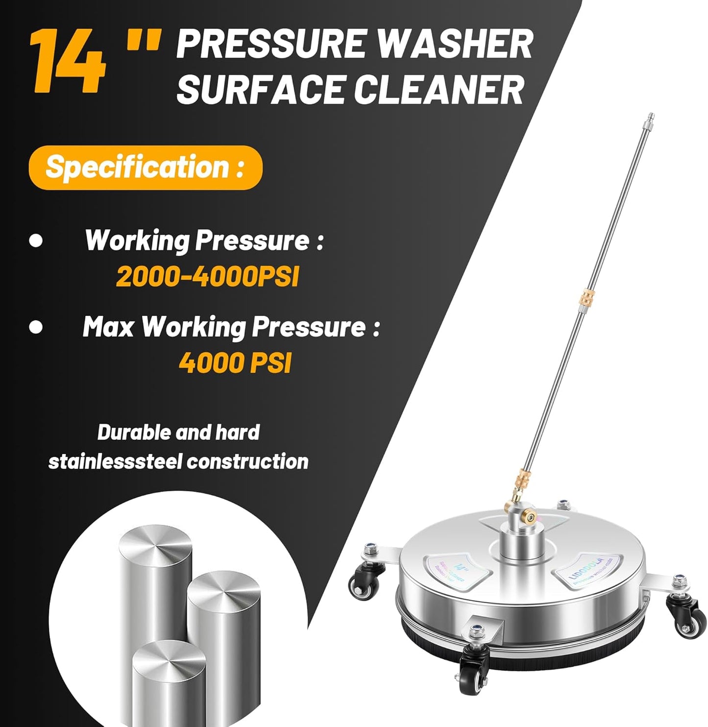 14" Pressure Washer Surface Cleaner with 4 Wheels - Stainless Steel Surface Cleaner for Pressure Washer Attachment for Concrete, Patio